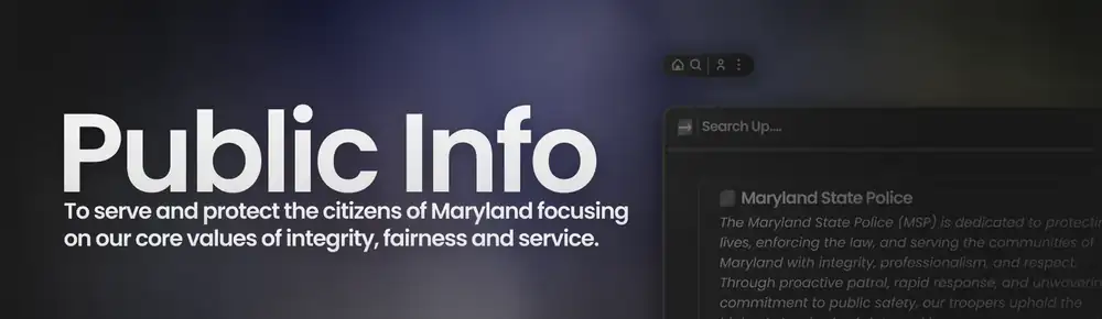 Maryland State Police Public Info banner with a search panel mockup